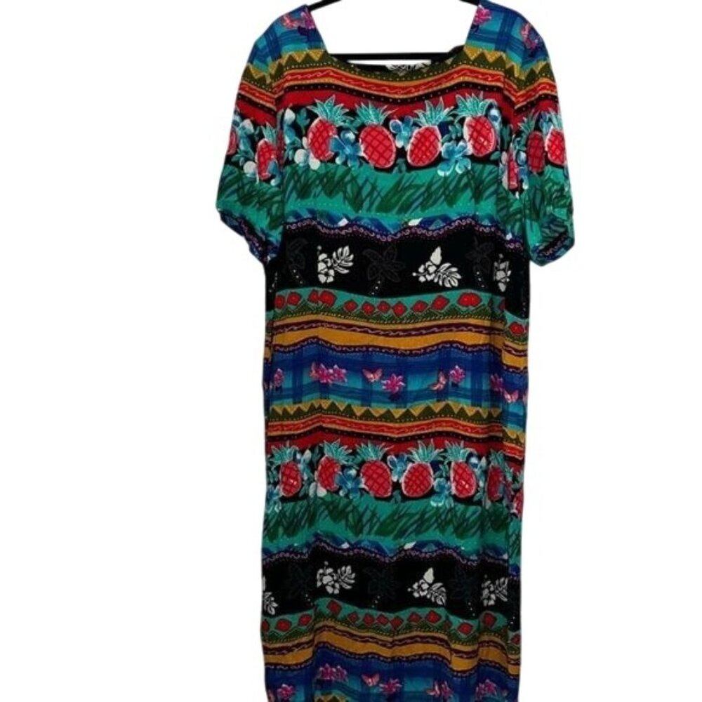 Colorful Tropical Print Dress Size 24W By John Philips Woman Rayon Material Pine